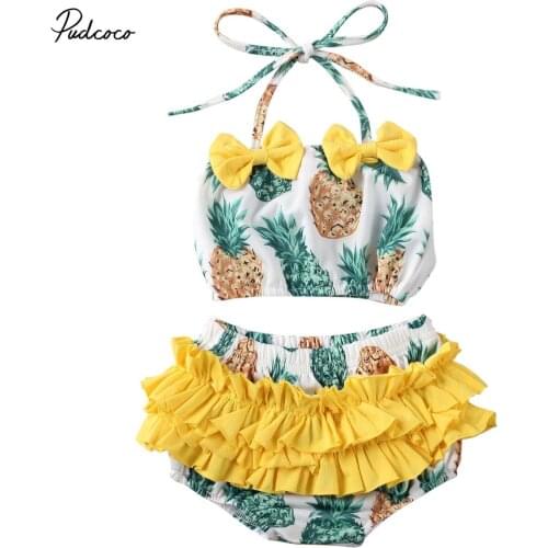 2020 2pcs Baby Girl Summer Pineapple Print Swimwear Kids Children Bikini Set Swimsuit Bow Tops+Ruffle Shorts Skirt Holiday Set