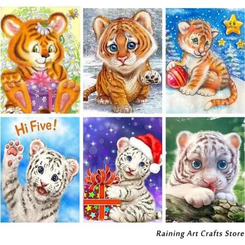 5D Diamond Painting Tiger Full Round Square Drill Cute Animal Cross Stitch Rhinestone Embroidery Mosaic Pictures Home Decoration