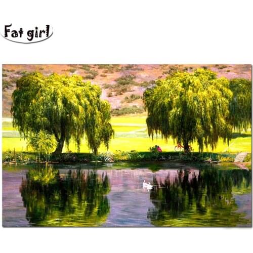 5d-diamond-Painting-Two-Big-willow-River-Bank-Cross-Stitch-Full-Square-round-swan-Diy-embroidery-mosaic-Rhinestone-decor