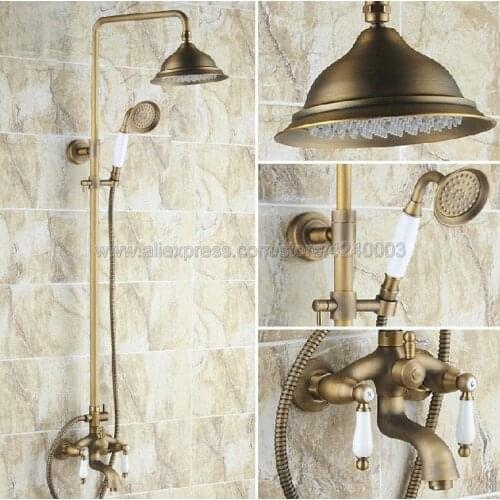 Antique Brass Rainfall Shower Set Faucet + Tub Spout Tap + Handheld Shower Wall Mounted 8" Rain Showerhead Krs160