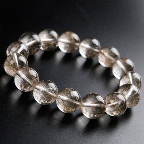 Genuine Brazil Natural Silver Hair Rutilated Quartz Crystal Bead Women Man Healing Bracelet 15mm