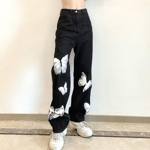 New summer fashion foreign trade womens sexy high waist black butterfly loose straight leg thin jeans