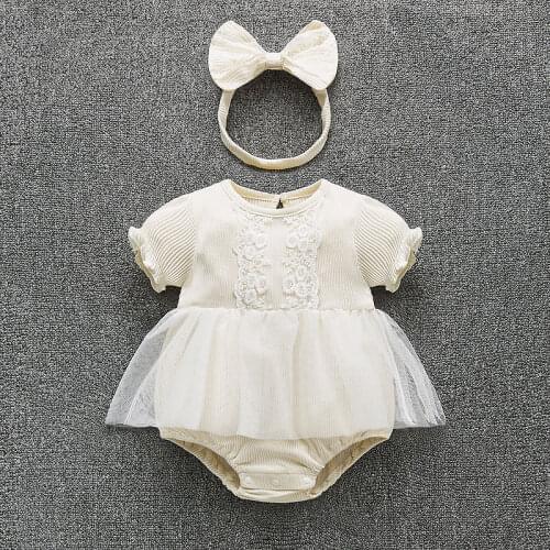 Summer Lace Flowers Baby Girls Bodysuit Short Sleeve Newborn Jumpsuit Onesie Clothes with Headband Set