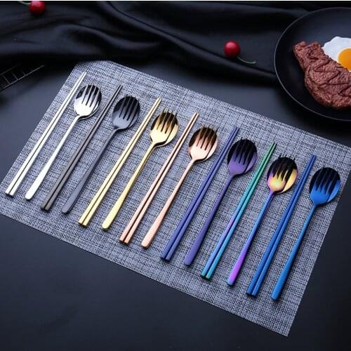 4pcs Set 304 Food Safety Reusable Stainless Steel Spoon Fork Chopsticks Set eco friendly dinning table set cutlery set