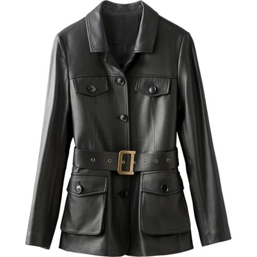 Womens genuine leather jacket, spring-autumn, sheepskin, coat, elegant, fitted, korean style, chaquetas Mujer 2020