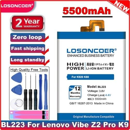 LOSONCOER 5500mAh BL223 High quality battery for Lenovo Vibe Z2 Pro K920 K80M K80 K7 Battery