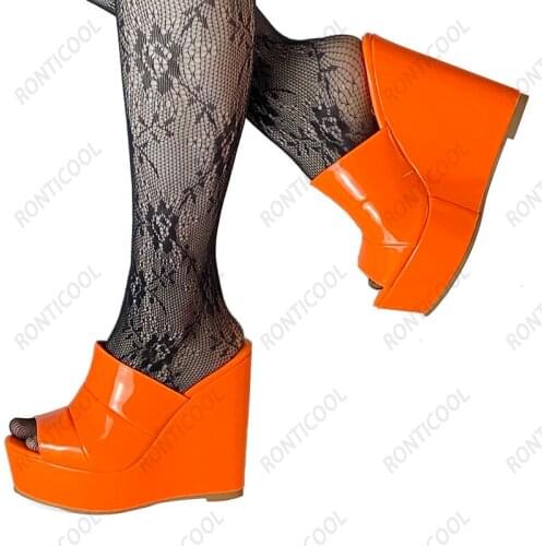 Ronticool New Fashion Women Mules Sandals Slippers Unisex Slip On Wedges Heel Open Toe 7 Colors Club Wear Shoes US Size 5-20