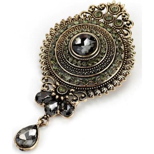 Neovisson Bohemia Gray Crystal Women Brooch Turkish Crown Design Retro Gold Silver Color Hijab Caftan Jewelry Banquet Gift 2021