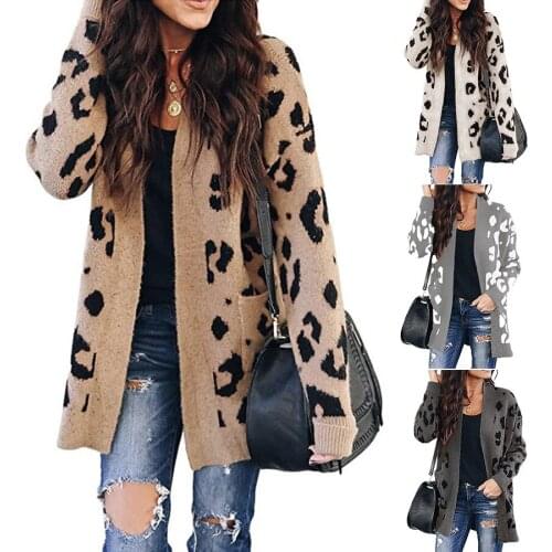 2021 new European and American womens core-spun yarn leopard print cardigan autumn and winter thick sweater coat