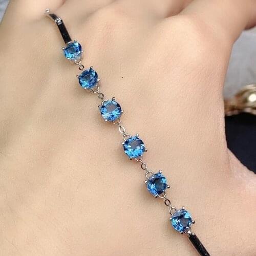 Charming blue topaz bracelet for women silver bracelet round natural gem 925 sterling silver birthday gift birthstone