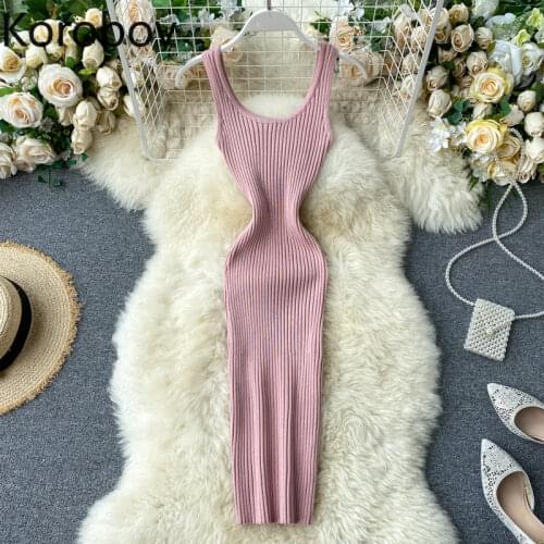 Korobov 2021 New Sleeveless Solid Vintage Women Dress Korean Knit Stretch Elegant Dresses Square Collar Bodycon Vestidos Femme
