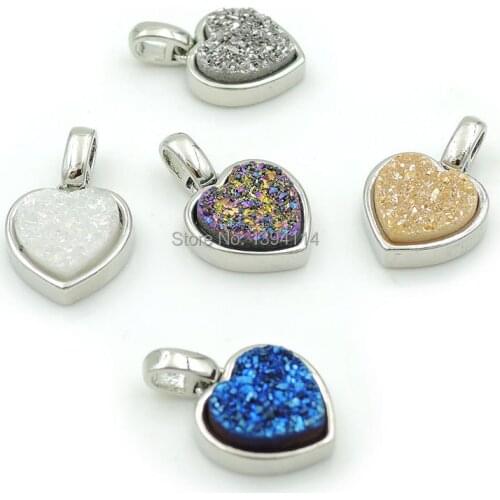 Titanium Silve r/Rainbow/Orange/AB/Blue Crystal Druse Heart Pendants With Gluing Copper Base Of Plating Silve r Approx 10*10*4mm