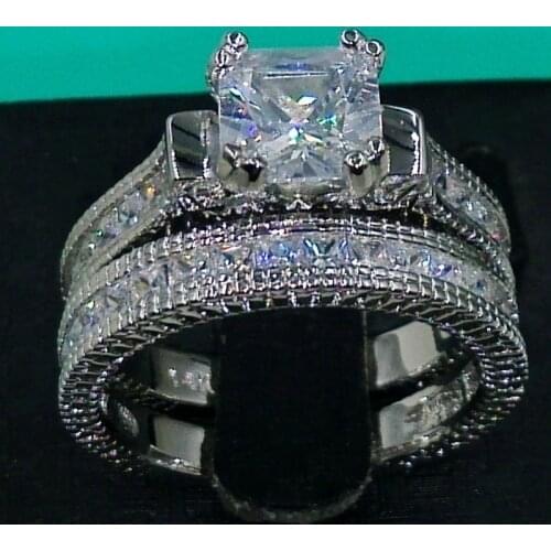 Size 5-10 wholesale Professional Jewelry Retro Princess 14kt white gold filled 6mm AAA CZ Band Wedding Ring set christmas gift