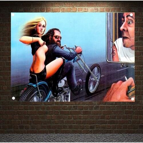 Retro Motorcycle Riders Road Race Motor Car Banners Flags Sexy Girl Poster Garage Canvas Painting Tapestry Pub Bar Wall Decor
