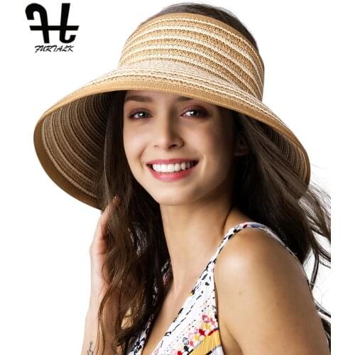 FURTALK Sun Visor Hats Women Summer Ponytail Straw Hat UPF 50+ UV Protection Wide Brim Foldable Roll Up Beach Hats for Female