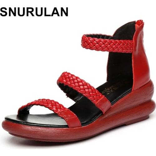 SNURULAN Shoes Women Summer Sandals 6cm Wedge Shoes Strap Back Heel Soft Sole Genuine Leather Handmade Sandals