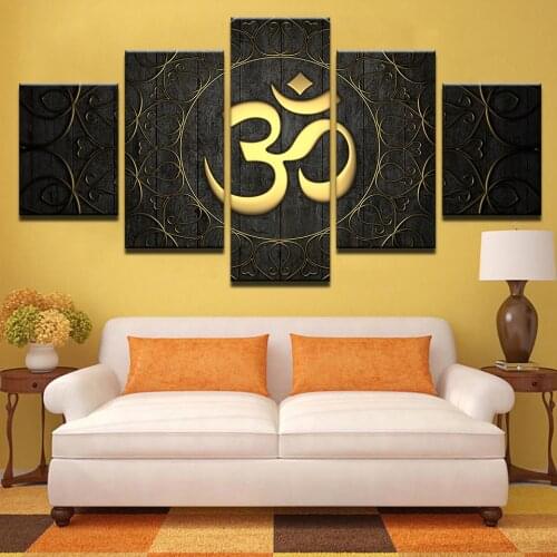 Modern Canvas Wall Art HD Prints Poster 5 Piece Buddha OM Yoga Painting Golden Symbol Home Decor For Living Room framework
