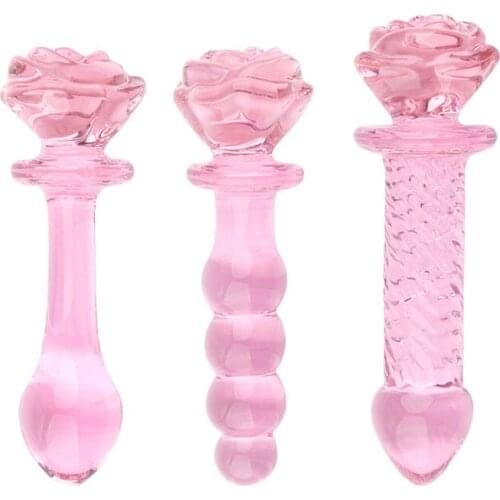 Glass Dildo Pink Rose Flower Shape Vaginal Anal Butt Plug Self Comfort Masturbator Sex Toys for Woman Gay Sex Products