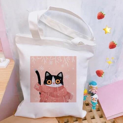 Funny Cat Printed Ladies Handbags Harajuku Aesthetics Canvas Tote Bag Women Eco Reusable Casual Shoulder Shopper Bags