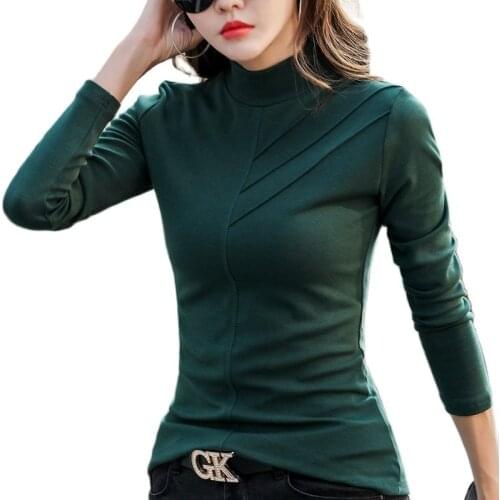 TuangBiang 2021 Womens Wool Cotton T-Shirts Slim Fashion Feminine Ribbed Tshirts High Quality Warm Autumn Winter Dark Green Tops