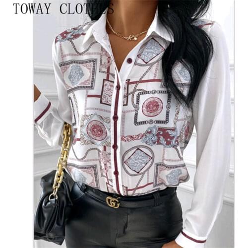 Women Turn-down Collar Satin Button Front Scarf Print Long Sleeve Shirt