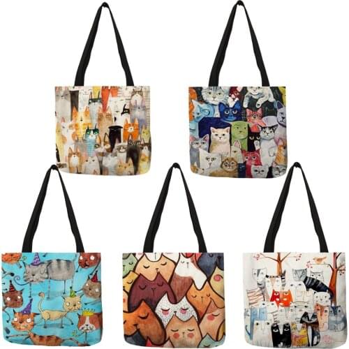 Lovely Pattern Women Totes Cute Cartoon Cats Image Printed Handbag Eco Linen Fashion Traveling Practical Shoulder Bag Lady