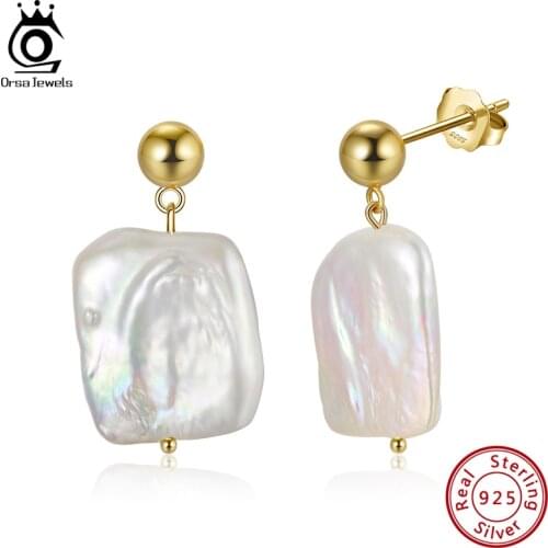 ORSA JEWELS 925 Sterling Silver Baroque Freshwater Pearl Stud Earring for Women Fashion Ear Stud Pearl Jewelry Gifts GPE06