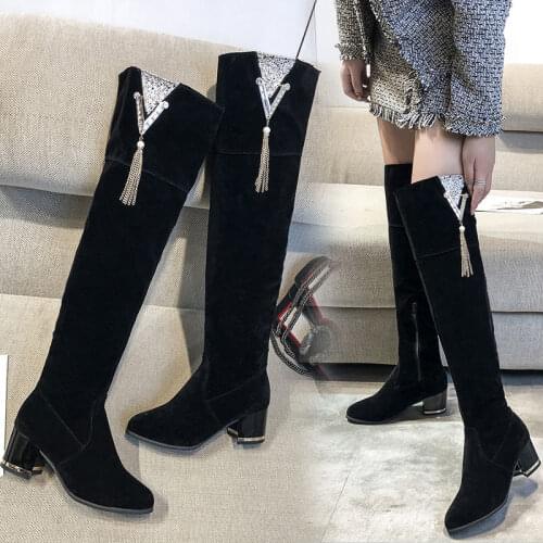2019 new Women Knee High Boots suede Metal Fashion Boots Winter Footwear Shoes Zipper Chunky Heels Metal decoration Y10280