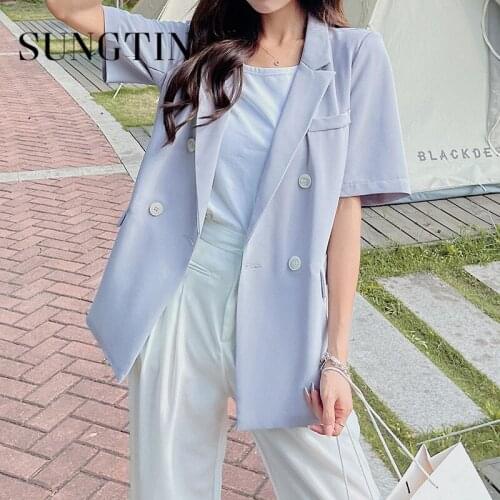 Sungtin Elegant Casual Solid Short Sleeve Loose Blazers Coat for Women Single Button Korean Fashion Blazers Femme Spring Jacket