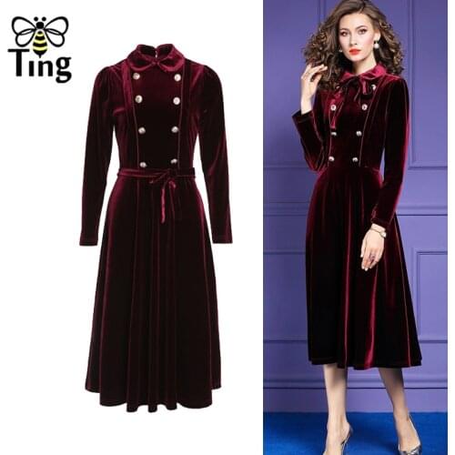 Tingfly Spring Autunm Vintage Velvet Midi Long Dress Elegant Party Dresses Button Velour High Quality Vestidos Casual Ropa mujer