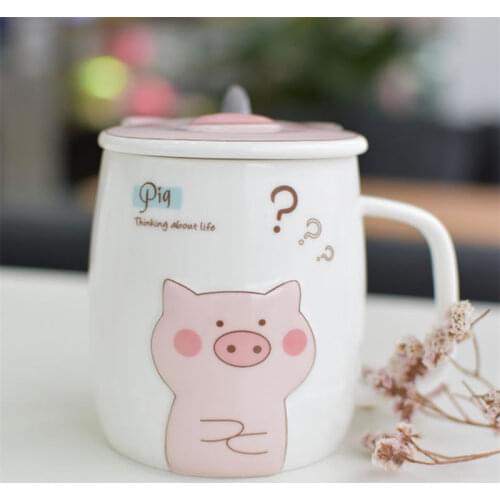 500mL Ceramics Cute Pig Mug with Lid Spoon Coffee Milk Tea Cup Water Drinking Glasses Tumbler Creative Gift Drinkware