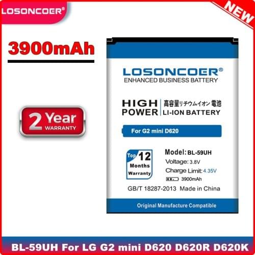 LOSONCOER 3900mAh BL-59UH High Quality Battery for LG G2 Mini D620 D620R D620K L65 D285 D618 D315 F70 D410 Battery
