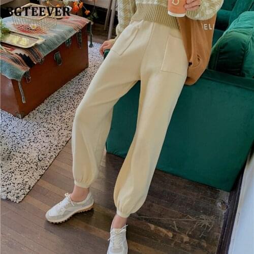 BGTEEVER Autumn Winter Thicken Knitted Women Harem Pant Casual Elastic Waist Pockets Female Sweater Trousers 2021