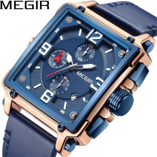 MEGIR Creative Blue Mens Watches Top Brand Luxury Chronograph Quartz Watch Clock Men Leather Sport Army Military Wrist Watches