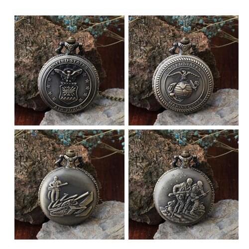 Air force marine corps Tank soldiers Warrior member pattern Bronze antique pocket watch men Necklace pocket watches gift KLN63