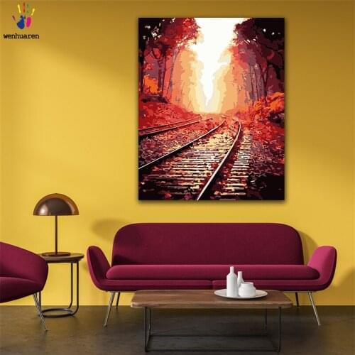 DIY colorings pictures by numbers with colors Railway in the maple forest picture drawing painting by numbers framed Home