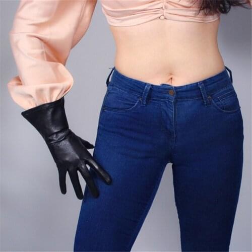 Fashion Genuine Leather Long Gloves Ladies 28cm Imported Lambskin Black Lantern Sleeves Large Sleeves TBS00493