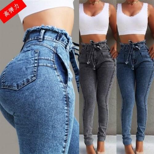 Good Quality Jeans Slim High Elastic Buttocks Lace-up Pencil Pants Fashion High Waist Skinny Jeans for Women One Piece Jeans