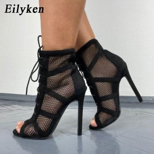 Eilyken Fashion Black Net Fabric Cross-tied Sandals 2021 Summer Lace Up Peep Toe High Heels Ankle Strap Hollow Out Woman Shoes
