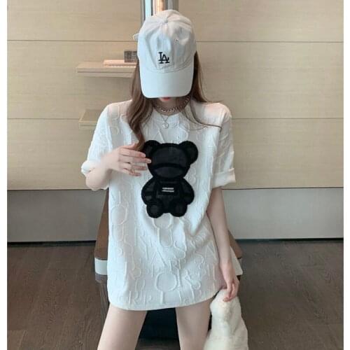 Oversized T-Shirt Women Graphic Bear Print Tees Harajuku Short Sleeve Tees Jacquard O-neck Top Tee Cusual Loose Tee Shirt Women