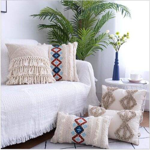 Morocco Handmade Geometric Embroidery Pillow Cover Beige Tassels Home Decor Cushion Cover PillowCase Pillow Sham 30x50cm/45x45cm