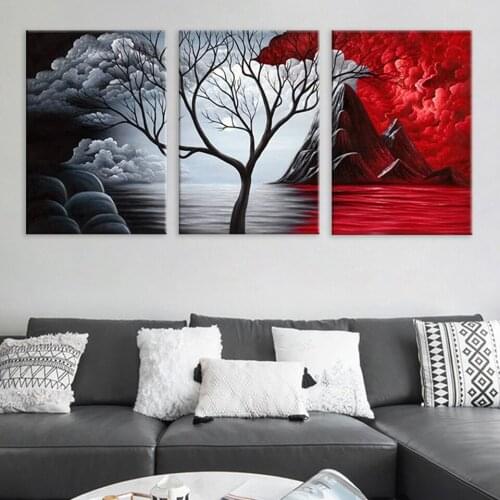 3 pcs 5D Diy round square diamond painting Red Tree Lake leaves Diamond Mosaic Embroidery cross stitch Triptych Home Art,A995