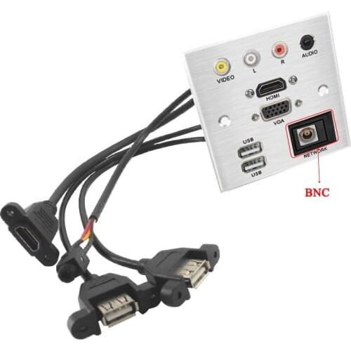 Wall Desktop Installation Socket Aluminum Alloy Panel with VIDEO L R 3.5mm Jack HDMI VGA 2USB RJ45/SC Optical Fiber/TV/BNC Port