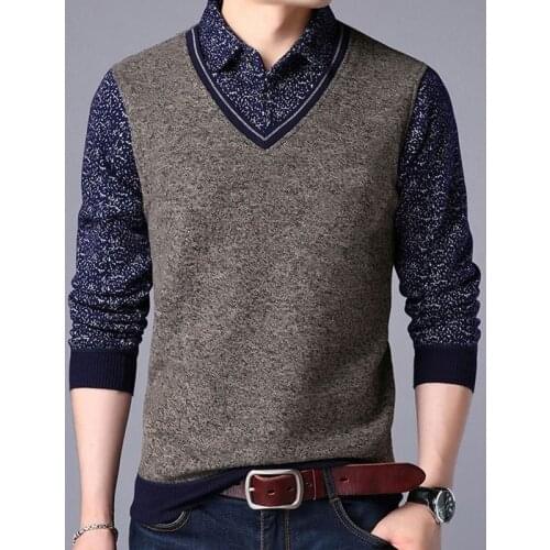 Autumn and winter new fake two piece t-shirt mens Pullover Sweater Shirt Collar middle-aged and young peoples undershirt