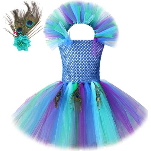 Princess Girl Peacock Tutu Dress for Kids Performance Halloween Costumes Girls Pageant Fancy Dresses Dance Birthday Party Outfit