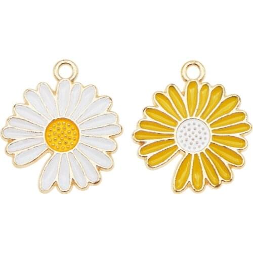JulieWang 8PCS Enamel Daisy Flower Charms Alloy Metal White Yellow Pendants Craft DIY Keychain Bracelet Jewelry Making Findings