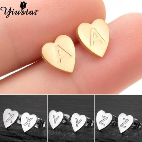 Yiustar Tiny 26 A-Z Letter Heart Earrings Studs for Women Gifts Alphabet Stainless Steel Earring Piercing Jewelry Wholesale