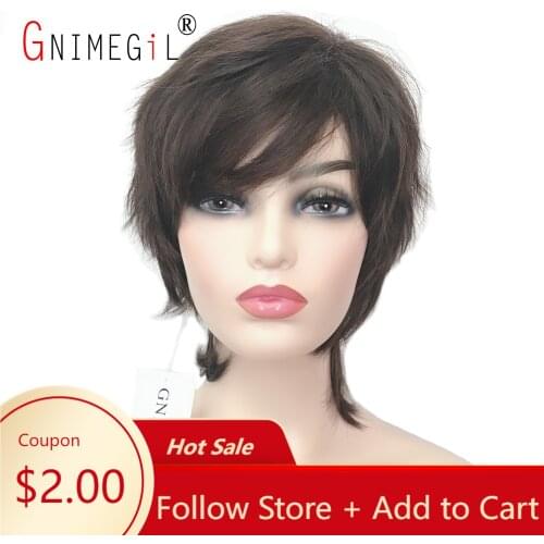 GNIMEGIL Natural Brown Wig with Bangs Short Straight Synthetic Hair Replacement Wigs for Women Daily Wear Heat Resistant Fiber