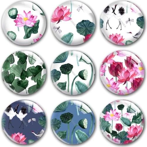 Handmade Secret garden plants Lotus Round photo glass cabochons demo flat back DIY collier jewlery Making findings accessory