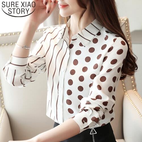 Spring Shirt Women 2021 Office Long Sleeve Top Chiffon Blouse Button Striped Polka Dot Korean Tops Blusas Top for Women 7185 50